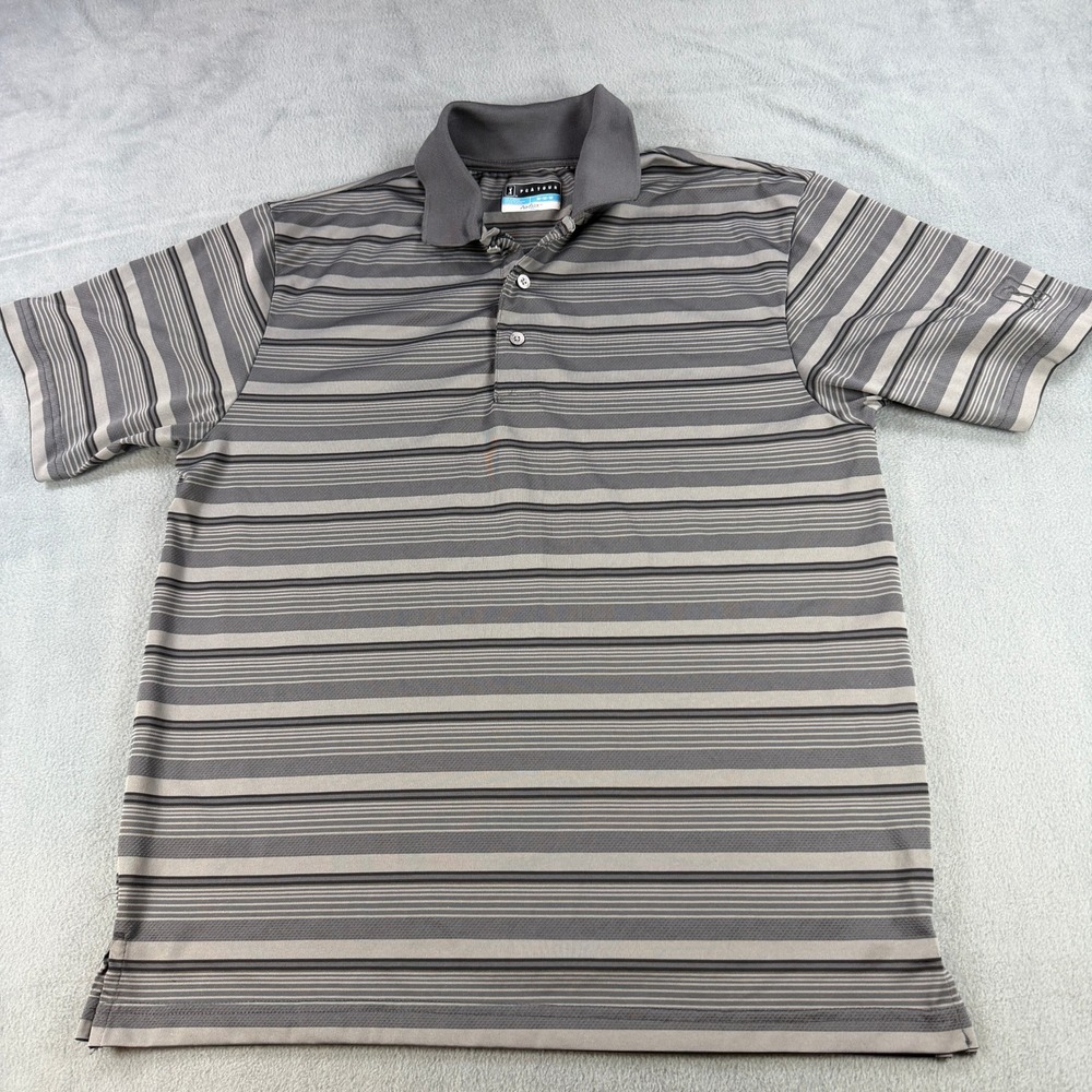 PGA Tour Airflux Mens Medium Polo Shirt Grey Black Striped Golf Performance Top